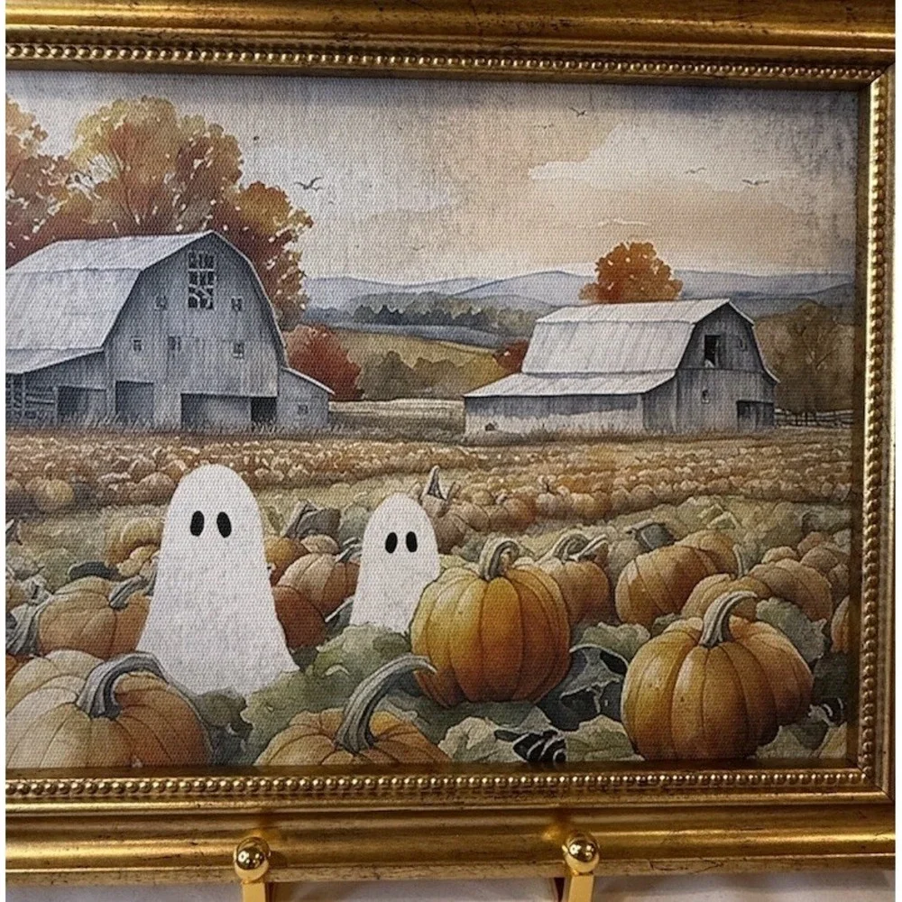 Halloween Ghost in Pumpkin Patch Painting Gold Frame Viral TikTok Cute‎
